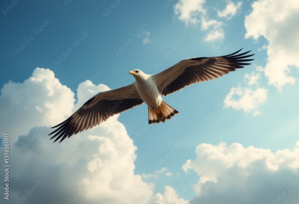 Fototapeta premium A seagull flying through a blue sky with white clouds