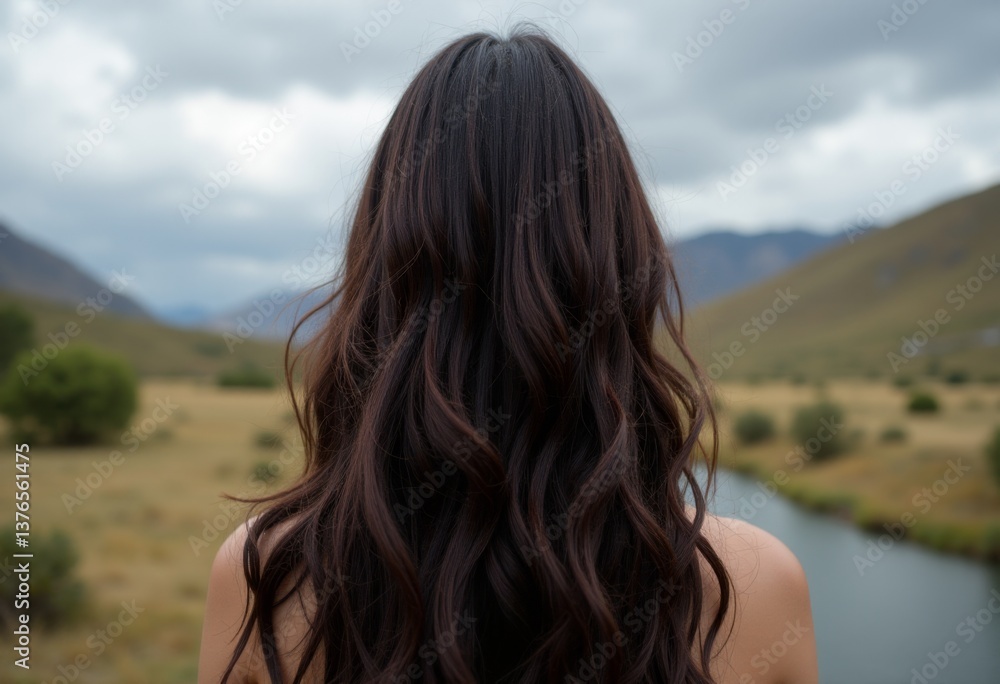 Fototapeta premium A woman with long brown hair standing in front of a river