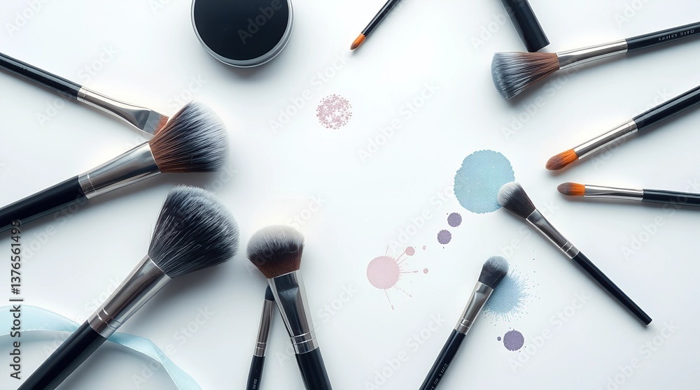 A collection of various cosmetic products including lipsticks, eyeshadows, and brushes displayed on a white background, product, makeup A collection of various cosmetic products including lipsticks, eyeshadows, and brushes displayed on a white background, product, makeup