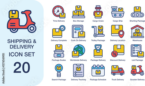 Set of 20 shipping and delivery icons suitable for websites, apps, and promotional materials related to transportation and logistics industries.