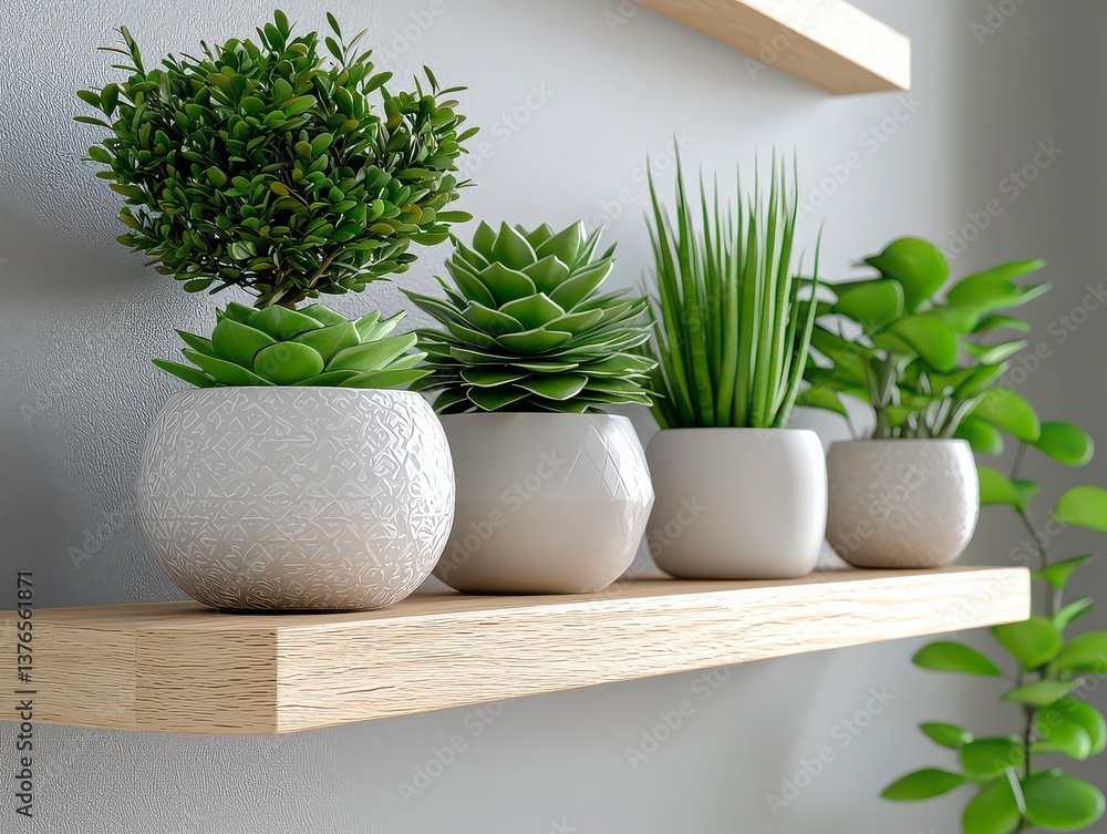 Fototapeta premium Elevate Your Home Decor with Stunning Succulents A Scandinavian Boho Dream Discover the beauty of succulents displayed in geometric pots, perfectly arranged on light wooden shelves Embrace the warm