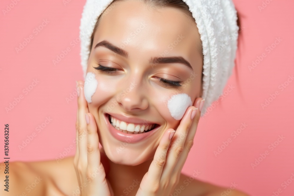 A woman with a towel on her head applying cream on her face A woman with a towel on her head applying cream on her face