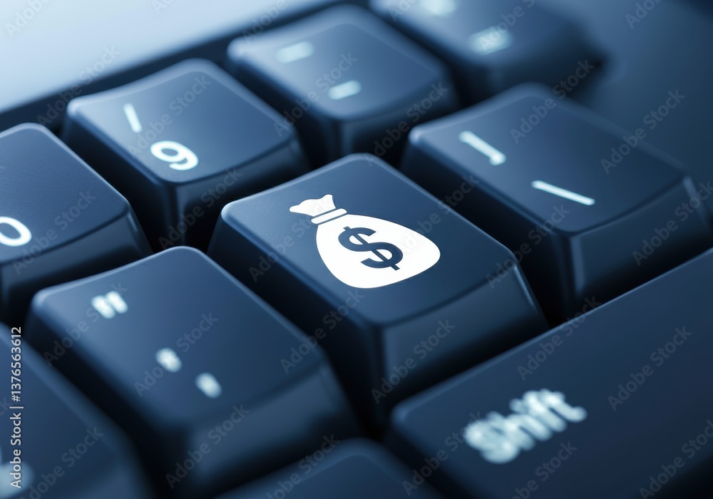 Keyboard key featuring a money bag symbol, representing financial transactions Keyboard key featuring a money bag symbol, representing financial transactions