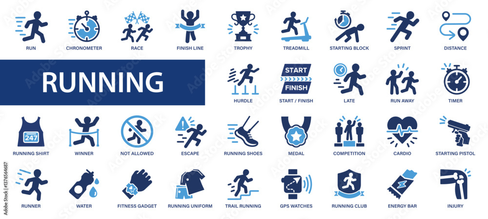 Running flat icons set. Race, runner, athlete, treadmill, sport, run, chronometer, activity, finish, trophy icons and more signs. Flat icon collection. Running flat icons set. Race, runner, athlete, treadmill, sport, run, chronometer, activity, finish, trophy icons and more signs. Flat icon collection.