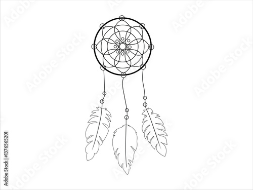 Black Line Art Outline of Dream catcher with Feathers on White Background. Concept of Native Culture, Spiritual Symbol, Minimalist Decor, and Bohemian Art. Graphic Illustration for Design Elements.