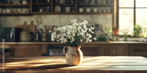 White Flowers on Wooden Table