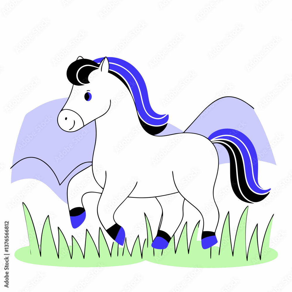 Fototapeta premium Whimsical Pony Illustration: A charming and playful illustration of a pony with a flowing mane and tail prances cheerfully against a stylized backdrop, evoking a sense of joy and imagination.