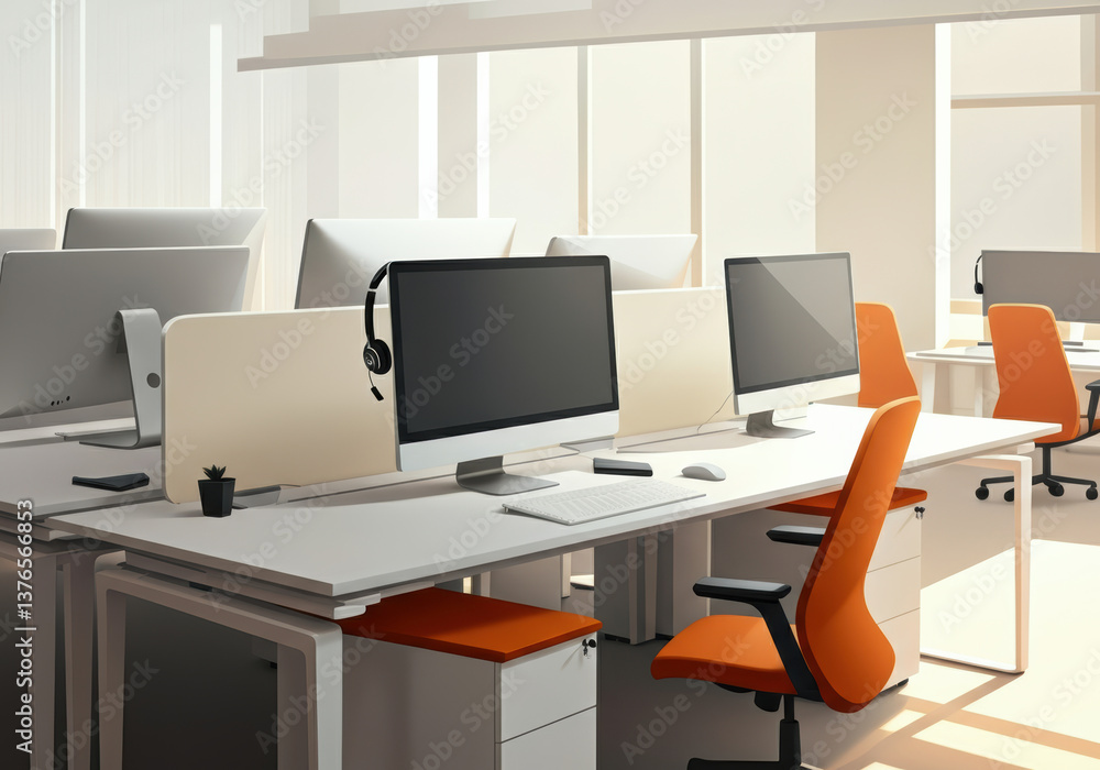 Modern office workspace with sleek desks and vibrant orange chairs Modern office workspace with sleek desks and vibrant orange chairs