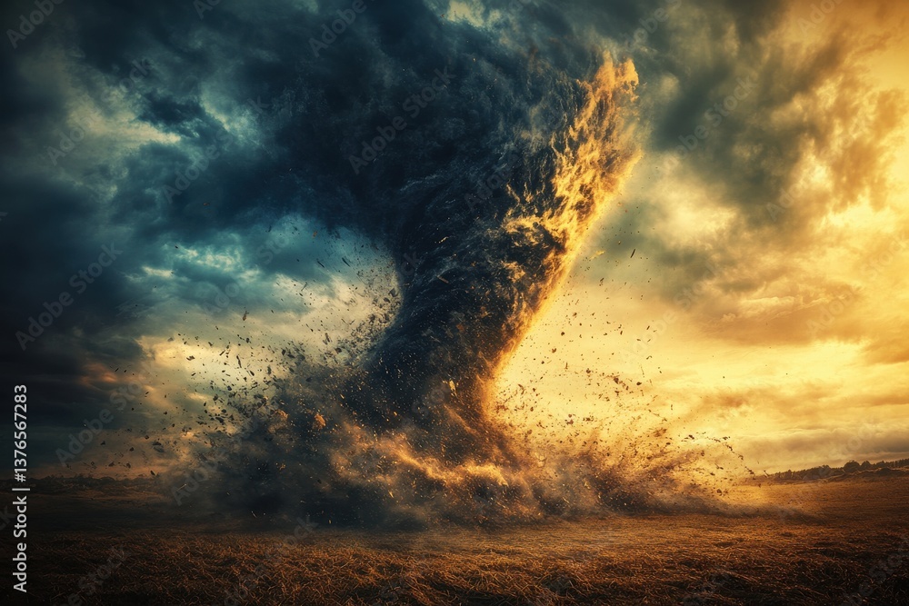 Obraz premium Powerful Tornado Engulfing Open Field, Causing Destruction Amidst Dark Sky and Golden Sunset