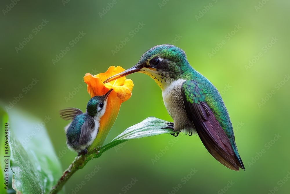 Fototapeta premium A mother hummingbird feeds a young one on a vibrant orange flower
