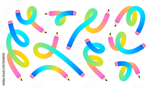 Set of  colorful, flexible pencils bent into various abstract shapes on a white background.
