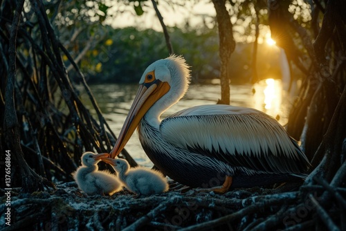 A large pelican with its chicks in the golden evening light