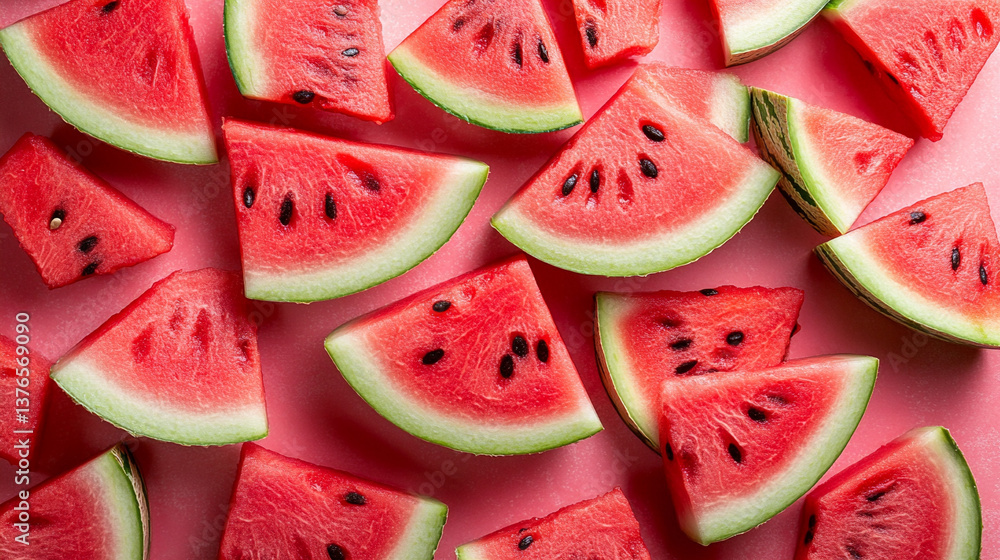 Fresh watermelon slices arranged on pink background Fresh watermelon slices arranged on pink background