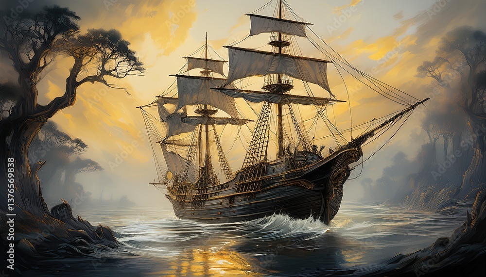 Obraz premium Tattered Sails on a Forsaken Ocean Voyage