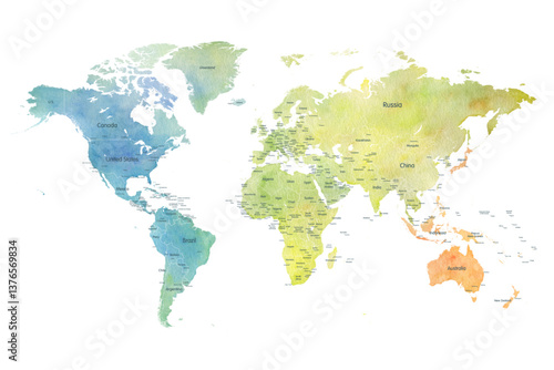 World Map Watercolor - Art Decorative Vector Illustration of the World Map in...