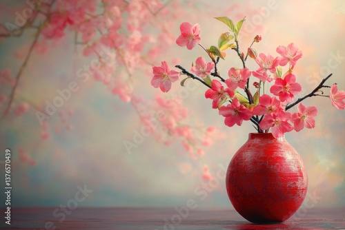 Red vase with pink flowers