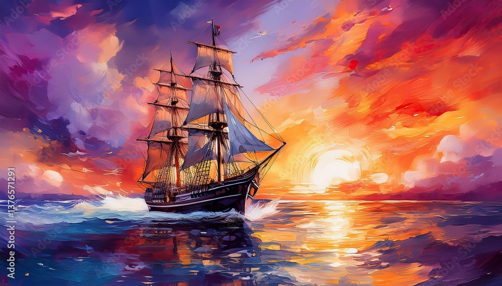 Fototapeta premium Clipper Ship Sailing Into Fiery Sunset
