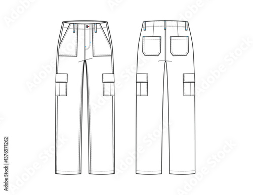 Women's Mid rise cargo pants technical flat sketch fashion design vector