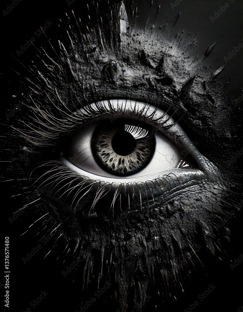 Obraz premium A digitally rendered close-up image presents a stylized human eye, rendered in shades of gray and black, surrounded by spiky, abstract textures against a dark background.