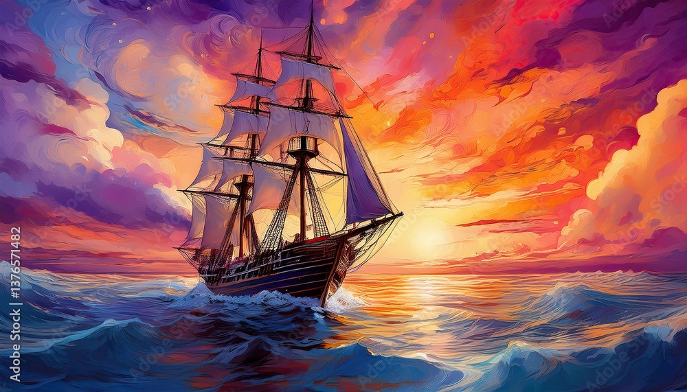 Obraz premium Evening Sky Ignites Behind Graceful Vessel