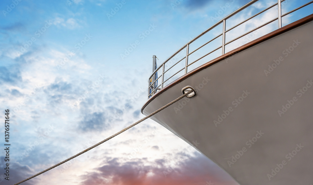 A luxurious yacht's bow moored with a taut rope against a stunning twilight sky, symbolizing elegance, adventure, and maritime travel.