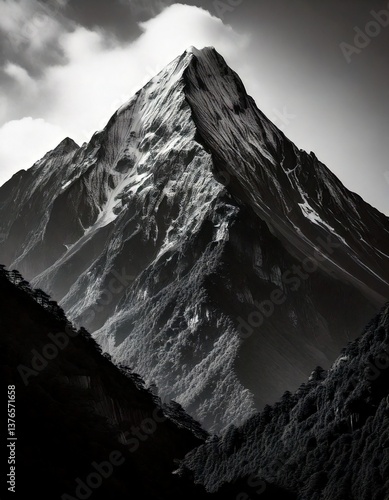 A black and white photograph depicts a sharply pointed mountain peak, textured with rock and snow, rising against a cloudy sky.