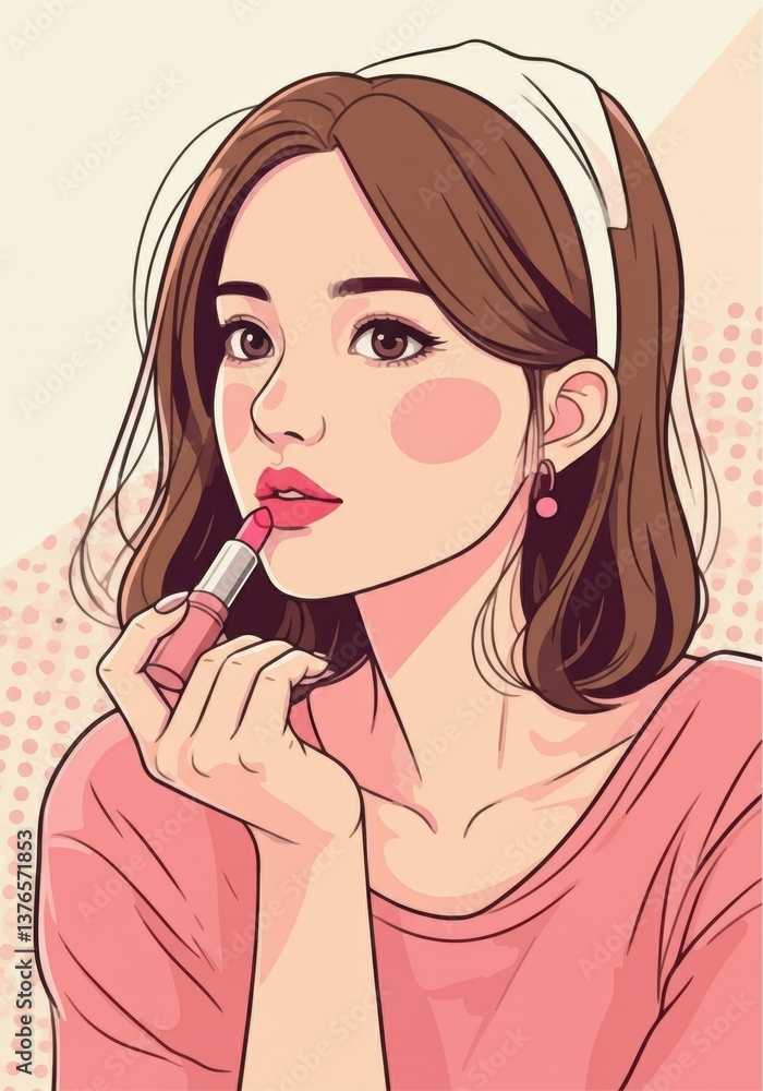 Woman applying lipstick, showcasing beauty and confidence in a stylish portrait Woman applying lipstick, showcasing beauty and confidence in a stylish portrait