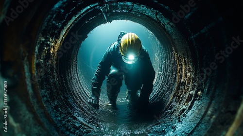 Worker exploring dark and flooded tunnel with headlamp