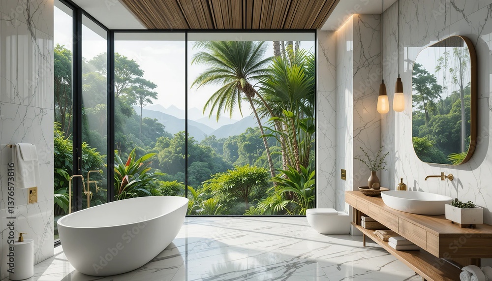 Fototapeta premium A luxurious bathroom with a stunning jungle view offers a relaxing, spa-like experience with natural light and organic design elements.