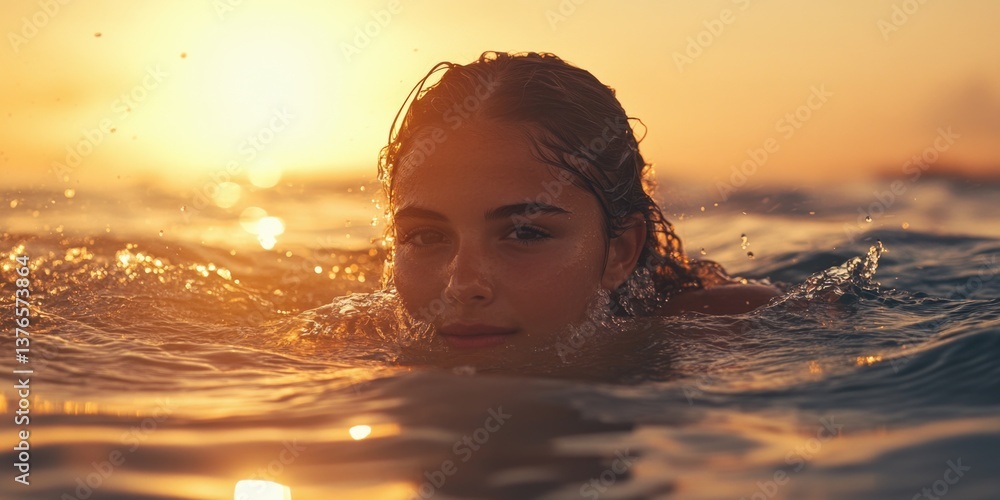Fototapeta premium Woman Swimming Ocean Sunset