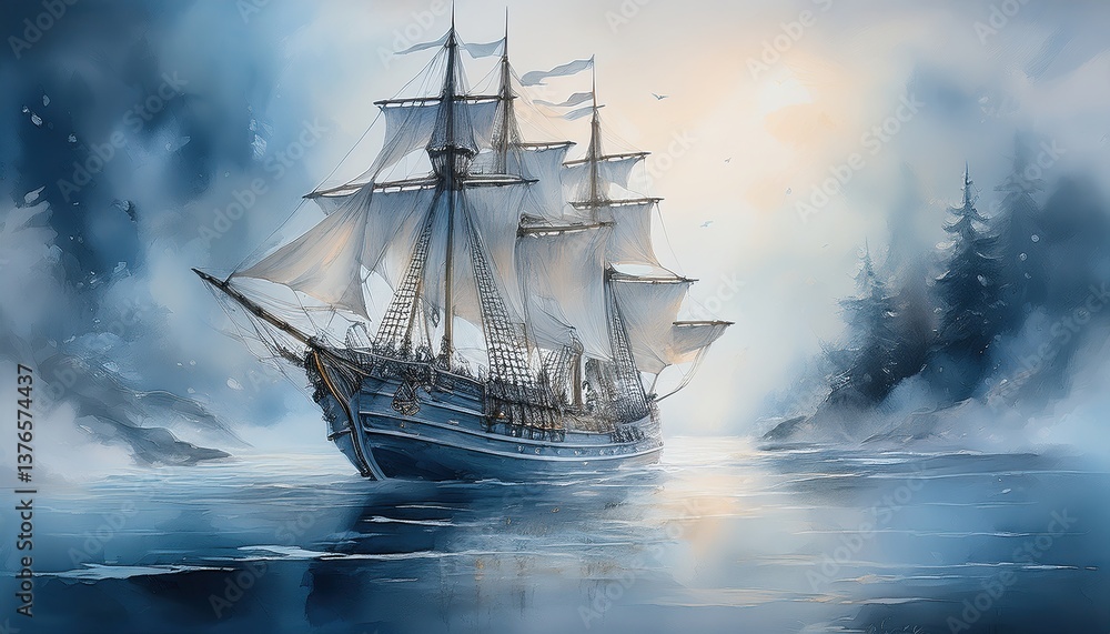 Fototapeta premium Tranquil Tall Ship in Blue Twilight