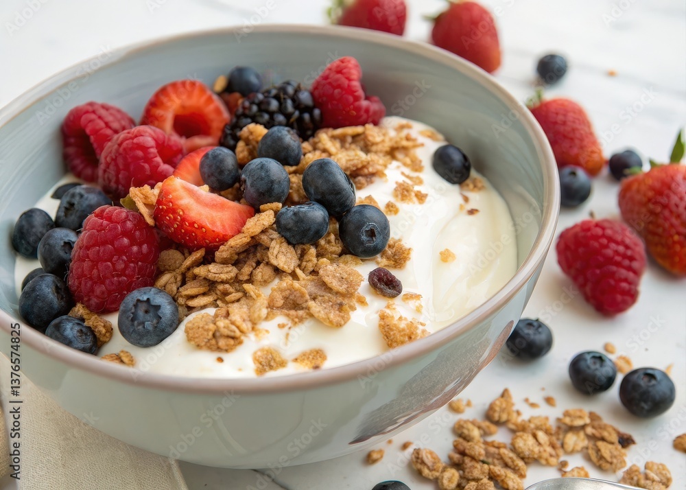 A bowl of fruit with a spoonful of cereal on top. Strawberries are part of the fruits in the bowl. A bowl of fruit with a spoonful of cereal on top. Strawberries are part of the fruits in the bowl.