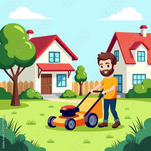 Happy man mowing the lawn in a sunny neighborhood  