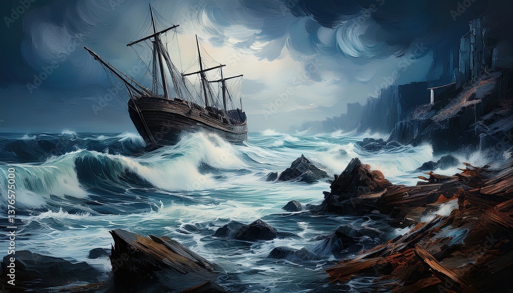 Obraz premium Dramatic Shipwreck In Wild Ocean Waters
