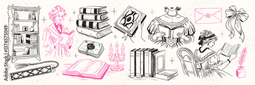 Hand-drawn vintage sketch style illustrations featuring women reading, antique books, candles, letters, and classic writing tools in romantic theme.