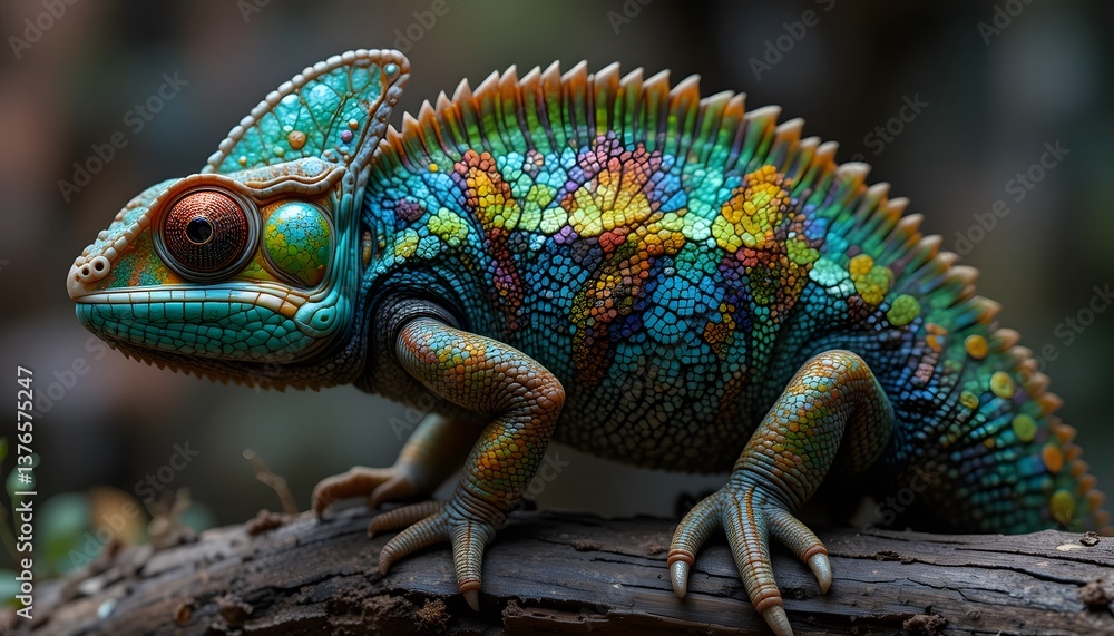 Fototapeta premium Colorful Chameleon Perched on Branch – Vibrant, Detailed, Nature