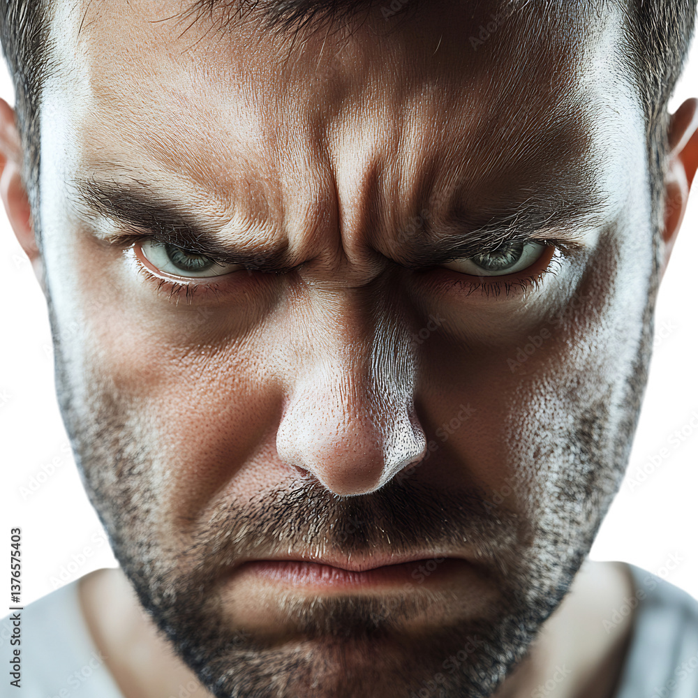 Fototapeta premium Man with Intense Focused Expression and Beard Isolated on Transparent Background