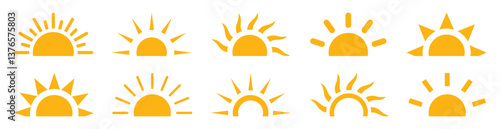 Half sun icons collection. Set of yellow sun vector icons isolated on white background. Decorative half sun and sunlight. Various yellow sunshine star. Vector illustration.
