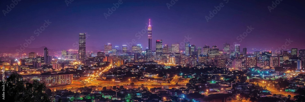 Obraz premium Johannesburg Skyline at Night: A Stunning Urban Landscape of South Africa's Vibrant City Lights