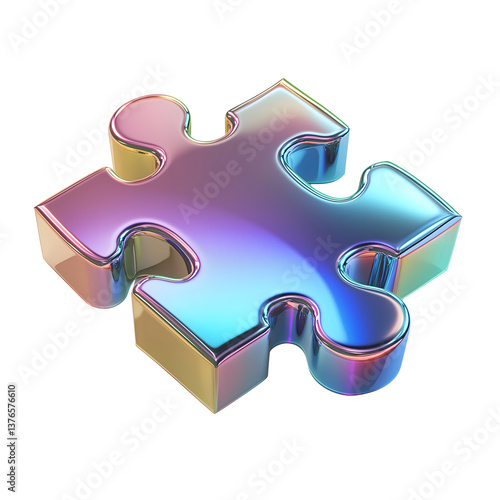 Iridescent Puzzle Piece 3D Render of a Shiny, Colorful Jigsaw Piece