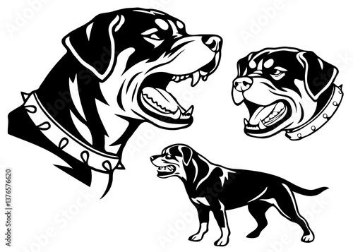 Rottweiler Dog Head Set – Powerful Black and White Vector Art

