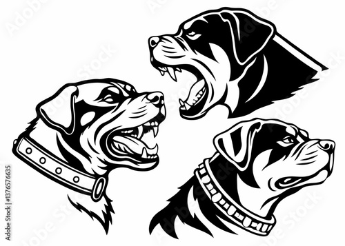 Angry Rottweiler Face Vector – Fierce Dog Breed Illustration in Black and White

