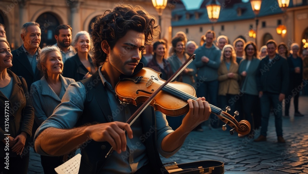 Fototapeta premium a street musician passionately playing the violin, surrounded by a captivated crowd in an evening-lit European square.