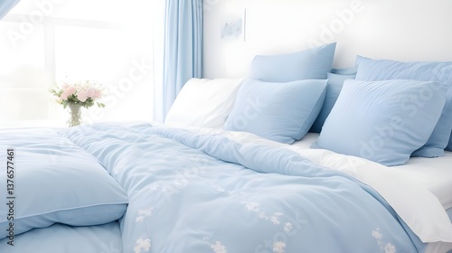 Minimalist Bedroom with Light Blue Bedding and Natural Light