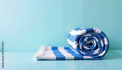 Rolled-up blue and white beach towel on gradient background, travel accessory