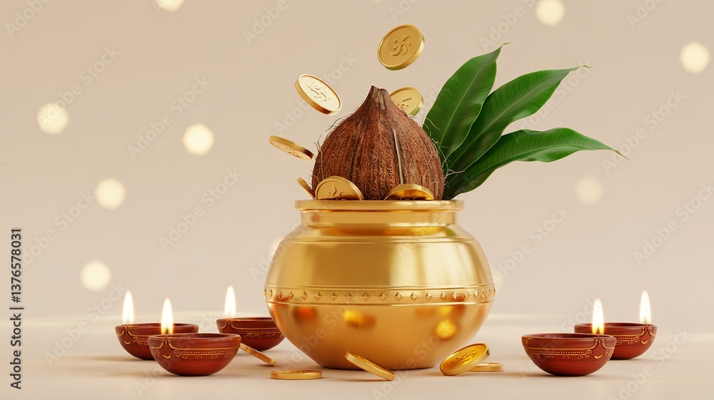Fototapeta premium Golden pot and coins with festive coconut and diyas: Celebrating Akshaya Tritiya, Dhanteras, and festive traditions