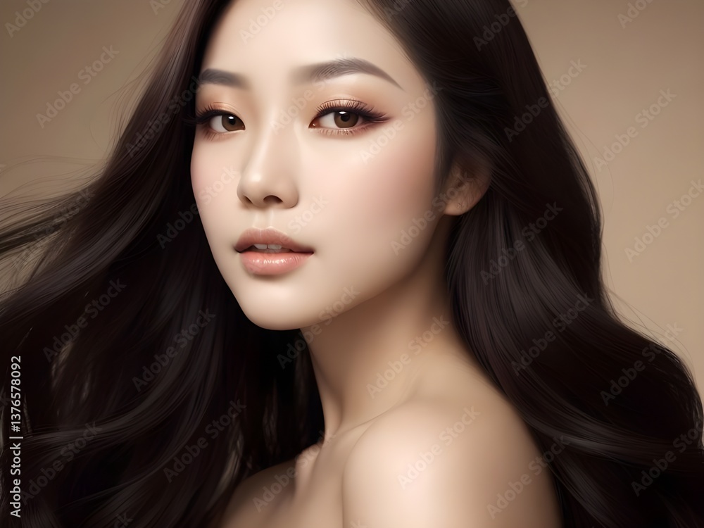 Naklejka premium Elegant Portrait Highlighting Long Dark Hair and Smooth Skin
