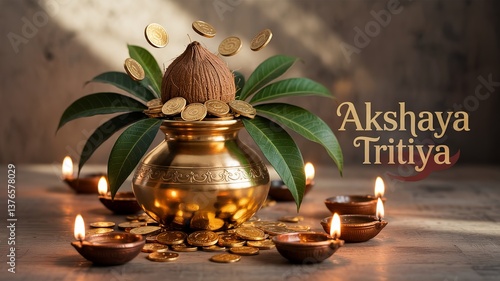 Golden pot and coins with festive coconut and diyas: Celebrating Akshaya Tritiya, Dhanteras, and festive traditions