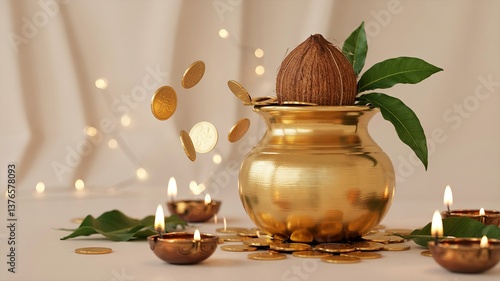 Golden pot and coins with festive coconut and diyas: Celebrating Akshaya Tritiya, Dhanteras, and festive traditions