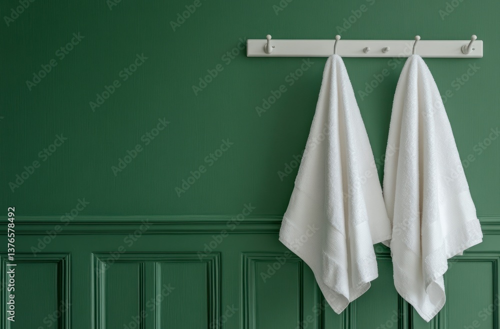 Hanging White Towels on Rack Against Green Wall in Bathroom Hanging White Towels on Rack Against Green Wall in Bathroom